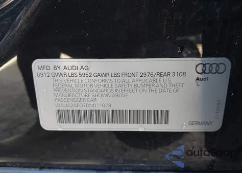 2013 Audi A8 4.0T z USA, uszkodzony, nr VIN WAUA2AFD7DN011078